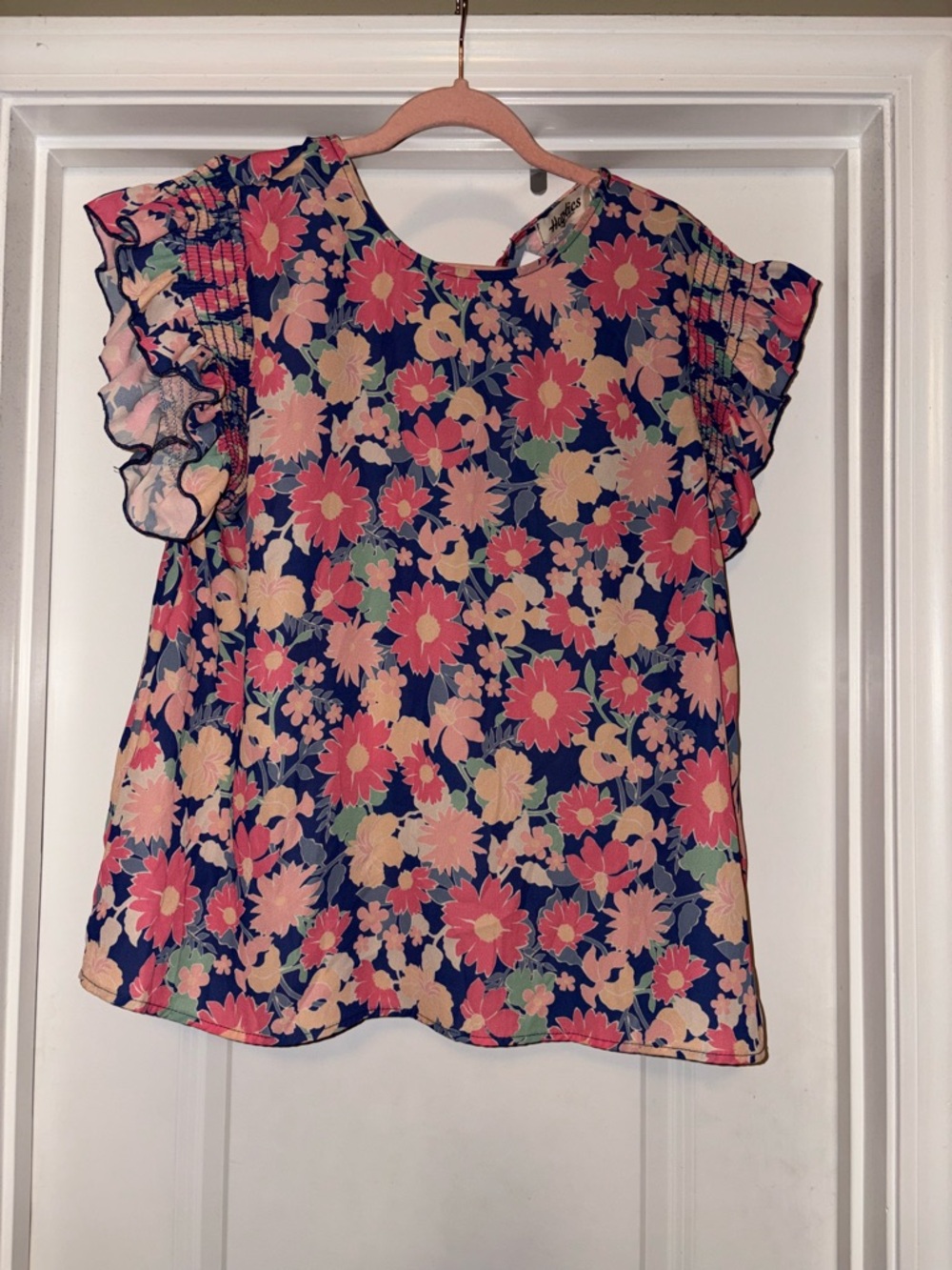 Floral Ruffle Sleeve Blouse - Navy Pink - Picture 2 of 4